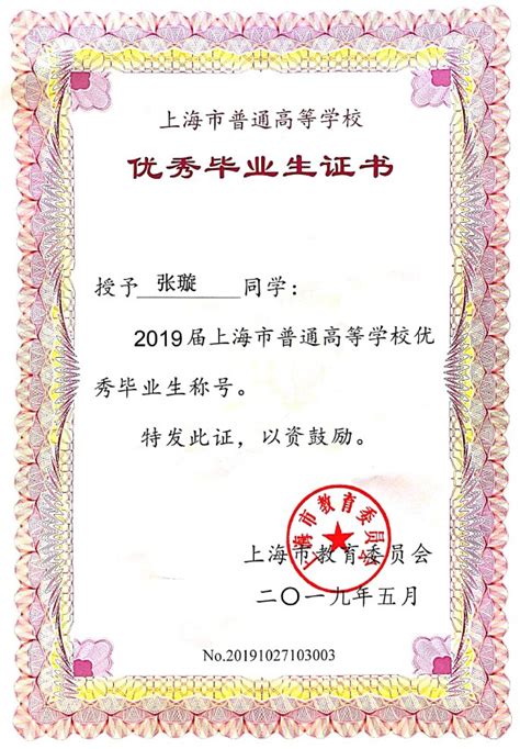 上海市优秀毕业生证书