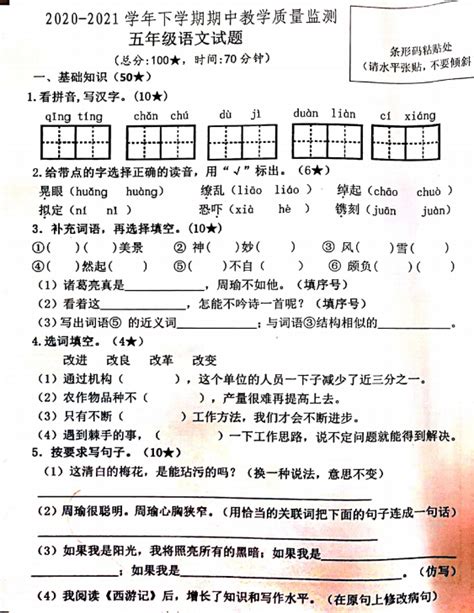 人教版五年级下册期中语文测试卷