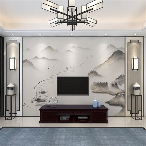 新中式壁布电视墙效果图100张