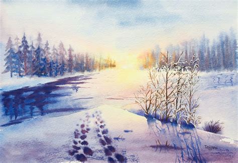 水粉画冬天的风景画