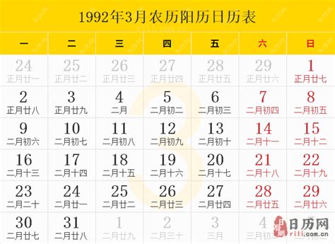 1992年农历阳历表对照
